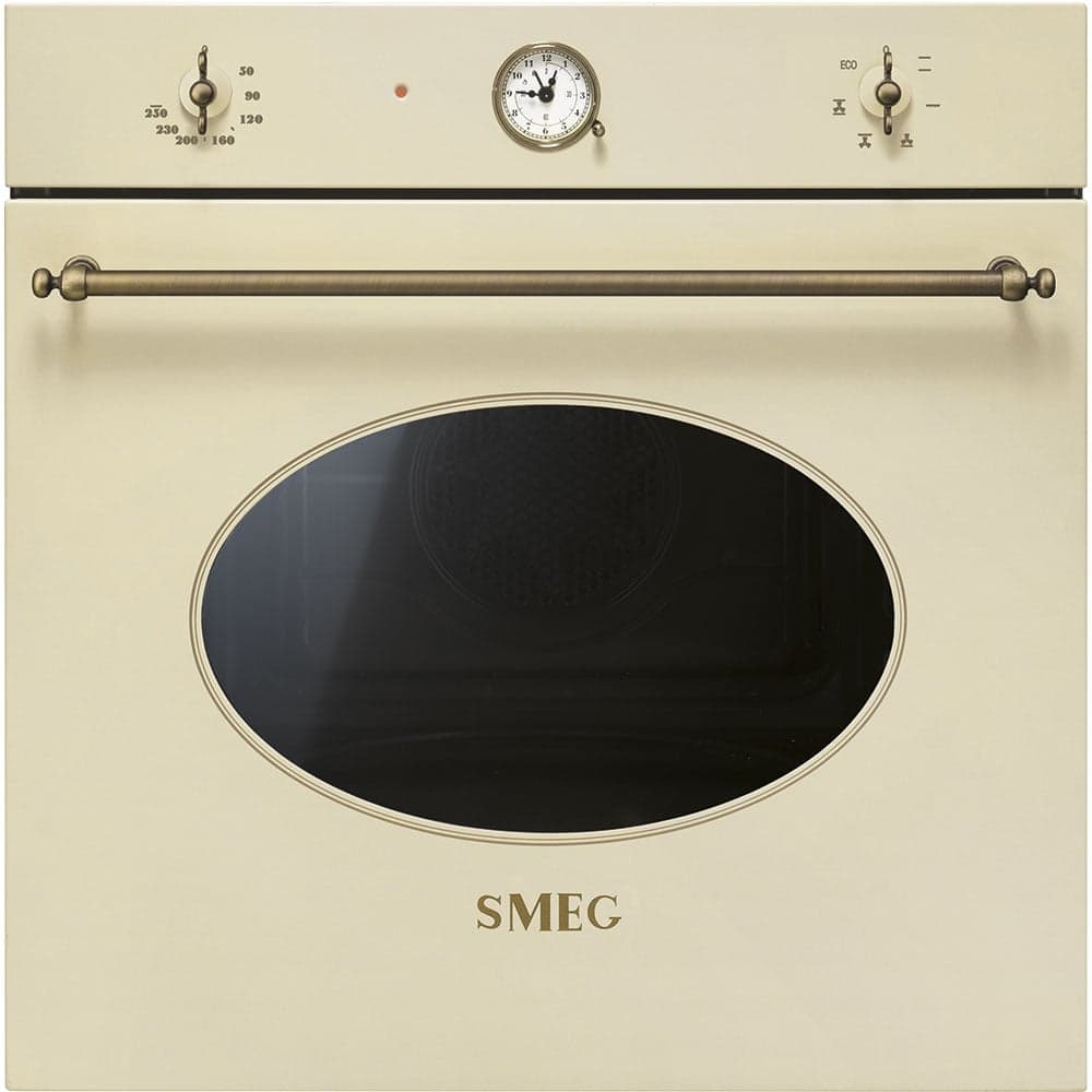LÒ NƯỚNG ÂM TỦ SMEG COLONIALE 60CM - Smeg - Núm vặn và tay cầm hoàn thiện bằng đồng thau cổ điển.

6 chức năng nấu nướng.

T